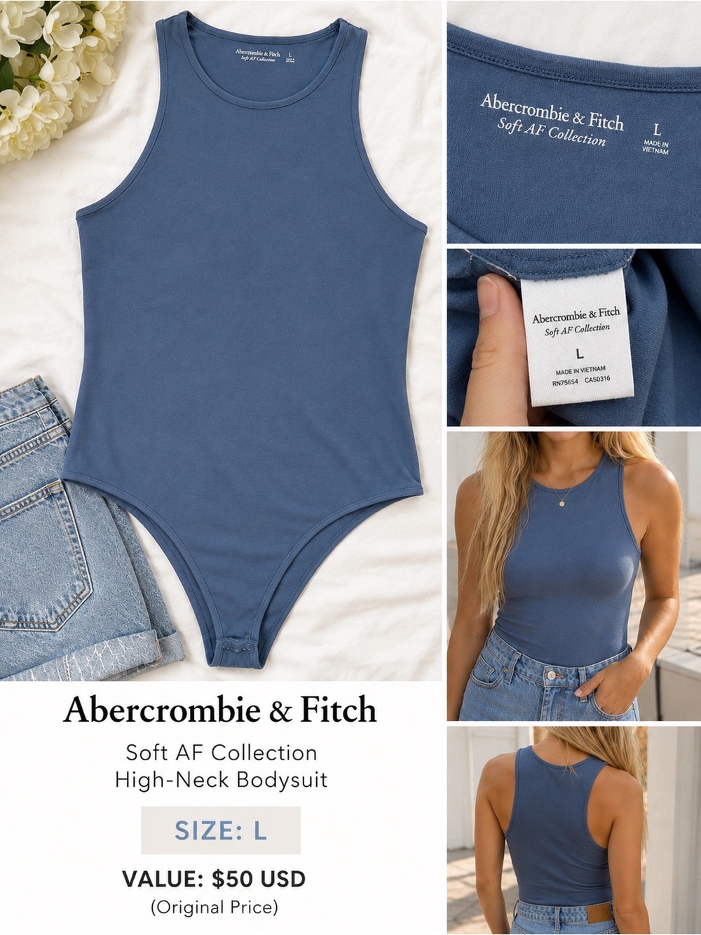 Abercrombie & Fitch | Soft AF | High-Neck Bodysuit | Slate | L